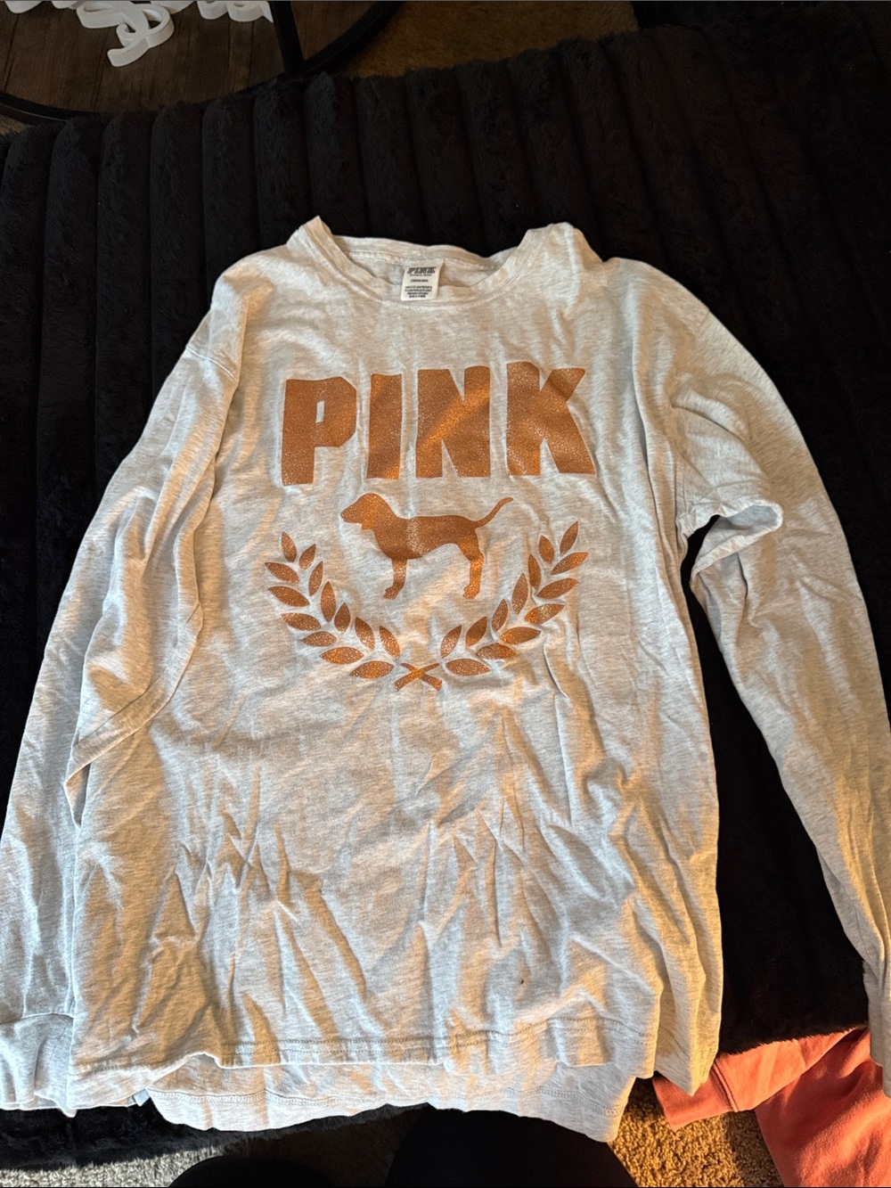 PINK Victoria's Secret Light Gray Long Sleeve Tee with Gold Logo